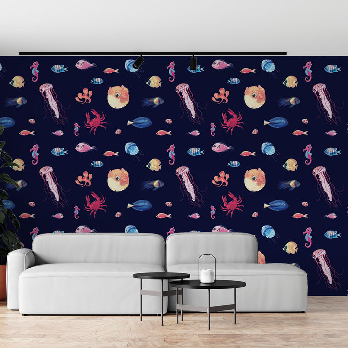 Papel de parede com mural de peixes | Lua, águas-vivas e cavalos-marinhos