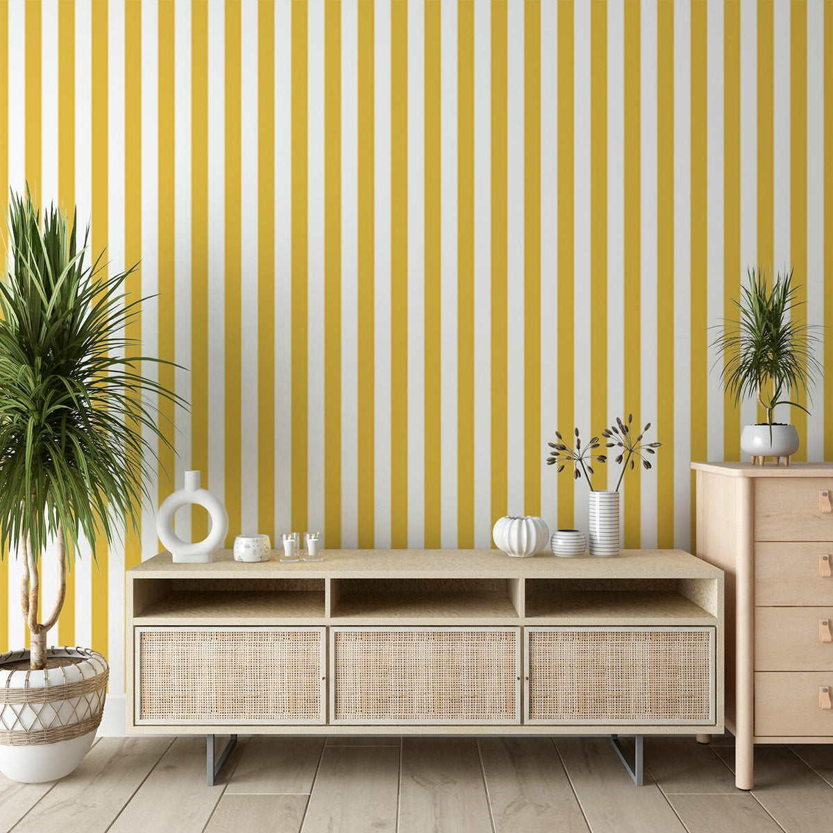 Striped Mural Wallpaper | Yellow and White Vertical — WonderMural, image size:1200x1200