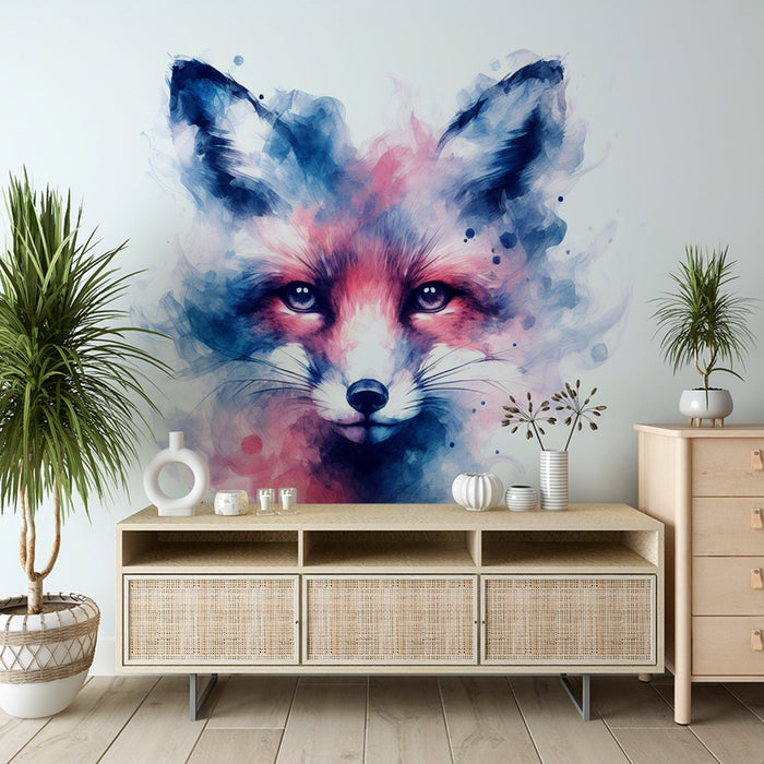 Fox Mural Wallpaper | Colorful Watercolor in Blue and Pink