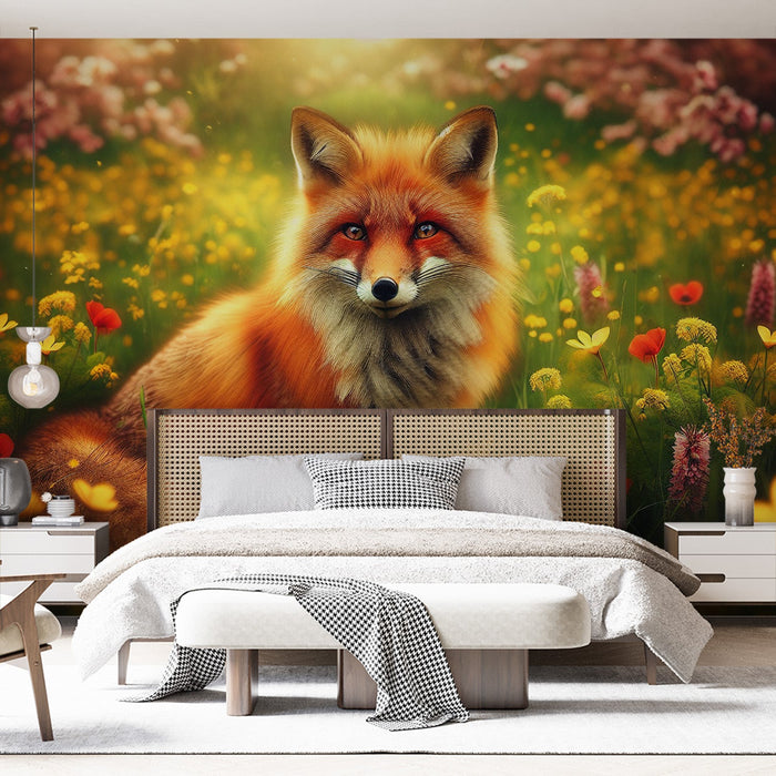 Fox Mural Wallpaper | Field of Flowers with Red Fox