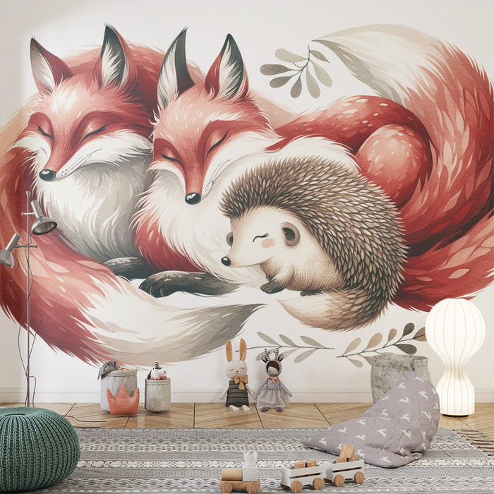 Fox Mural Wallpaper | Fox Couple with Baby Hedgehog