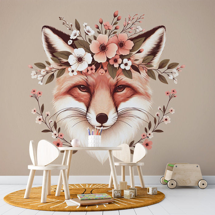 Fox Mural Wallpaper | Flower Crown and Fox Head