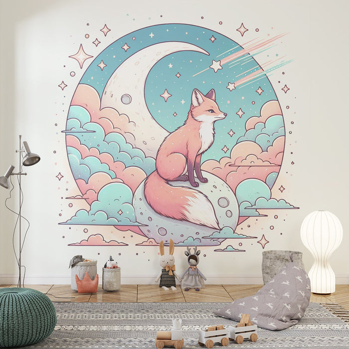 Fox Mural Wallpaper | Crescent Moon and Shooting Stars