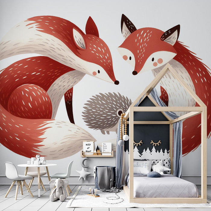 Fox Mural Wallpaper | Fox and Little Hedgehog Duo