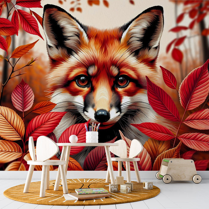 Fox Mural Wallpaper | Red Leaves and Autumn Forest