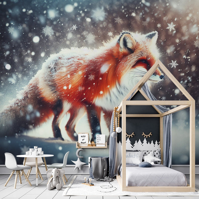 Fox Mural Wallpaper | Snowflakes and Red Fox