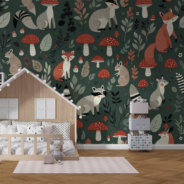 Fox Mural Wallpaper | Forest with Mushrooms, Flowers, and Animals