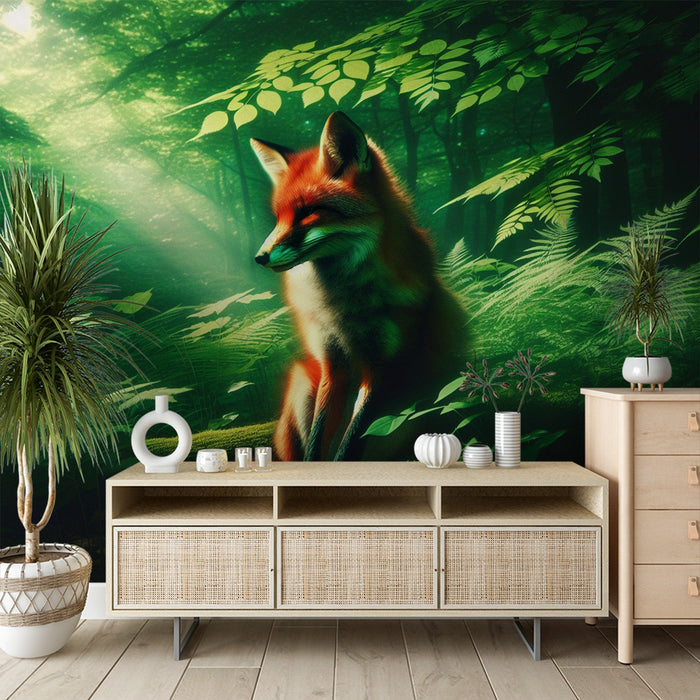 Fox Mural Wallpaper | Green Fern Forest