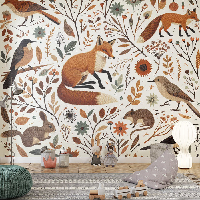 Fox Mural Wallpaper | Birds, Squirrel, and Flowers