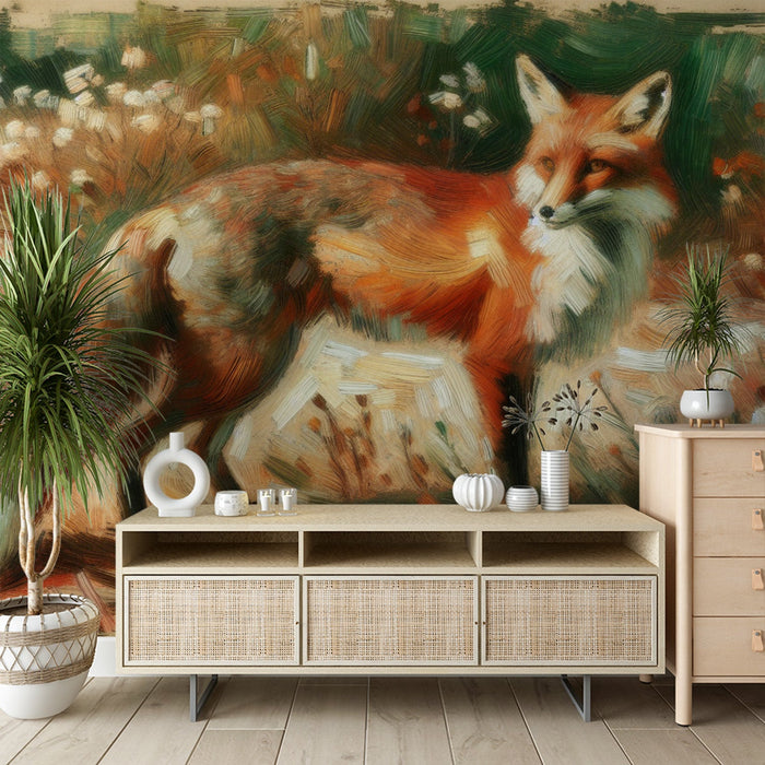Fox Mural Wallpaper | Oil Painting in a Flowery Forest