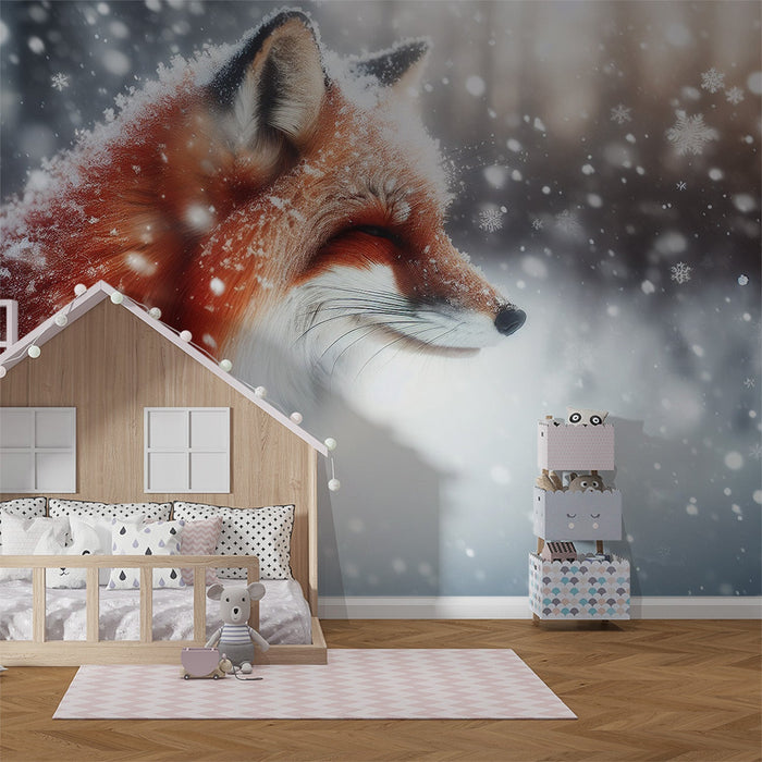 Fox Mural Wallpaper | Under the Snow and Snowflakes