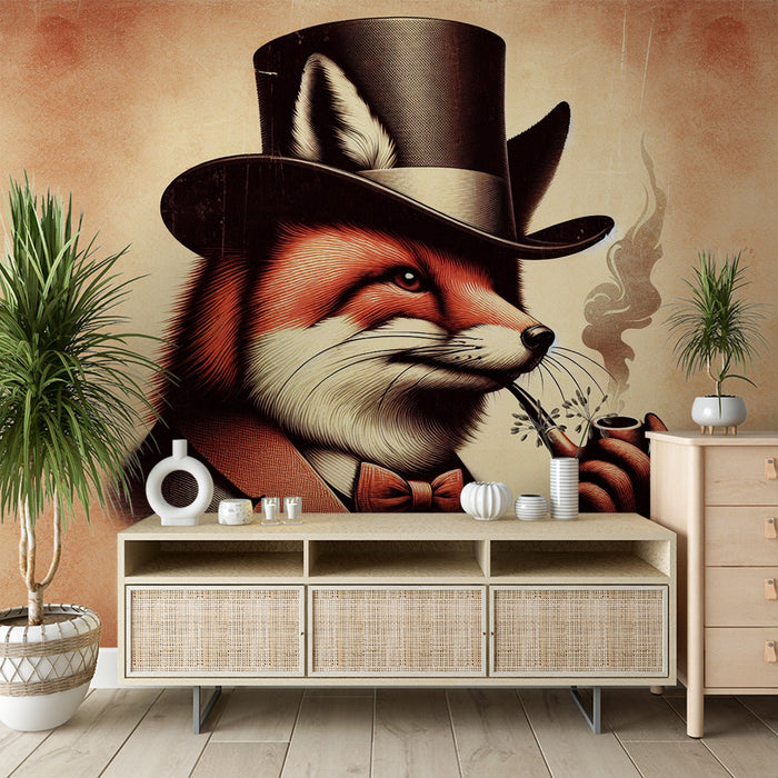 Fox Mural Wallpaper | Vintage Style with Pipe and Hat
