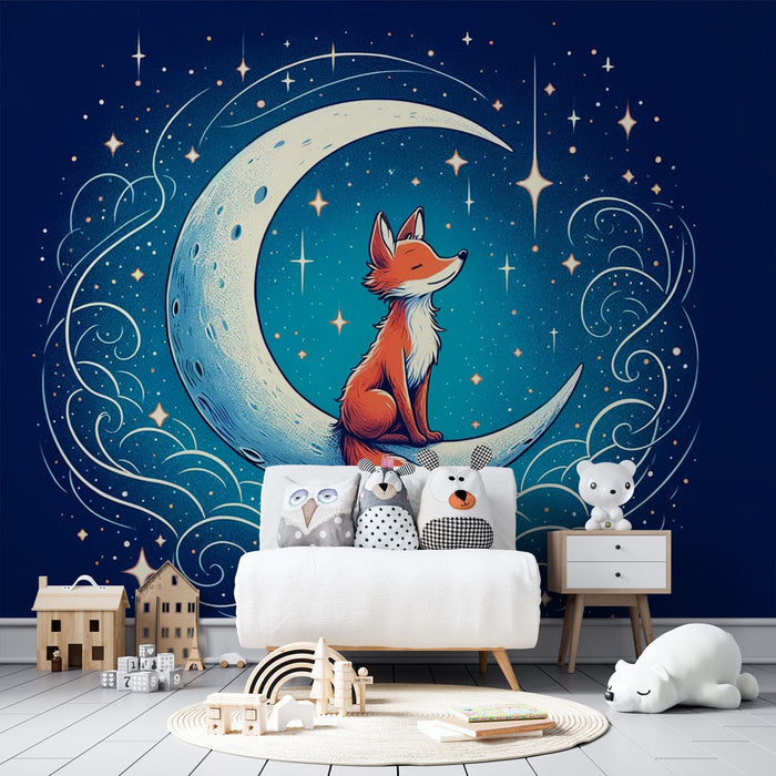 Fox Mural Wallpaper | Midnight Blue, Star, and Crescent Moon