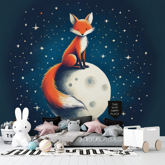 Fox Mural Wallpaper | Midnight Blue on a Full Moon