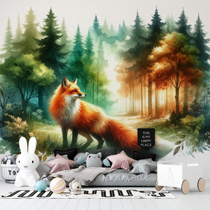 Watercolor Fox Mural Wallpaper | Vibrant Colors and Lush Forest