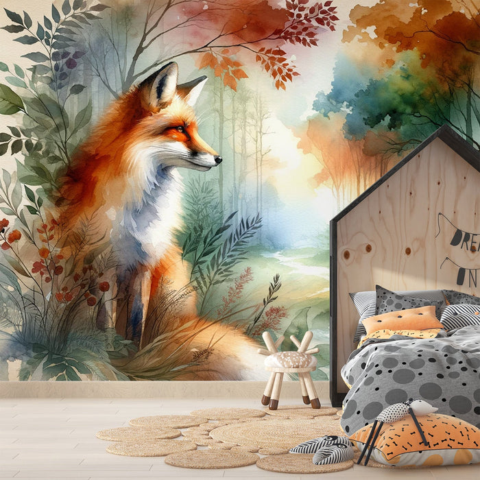 Watercolor Fox Mural Wallpaper | Flowered Forest