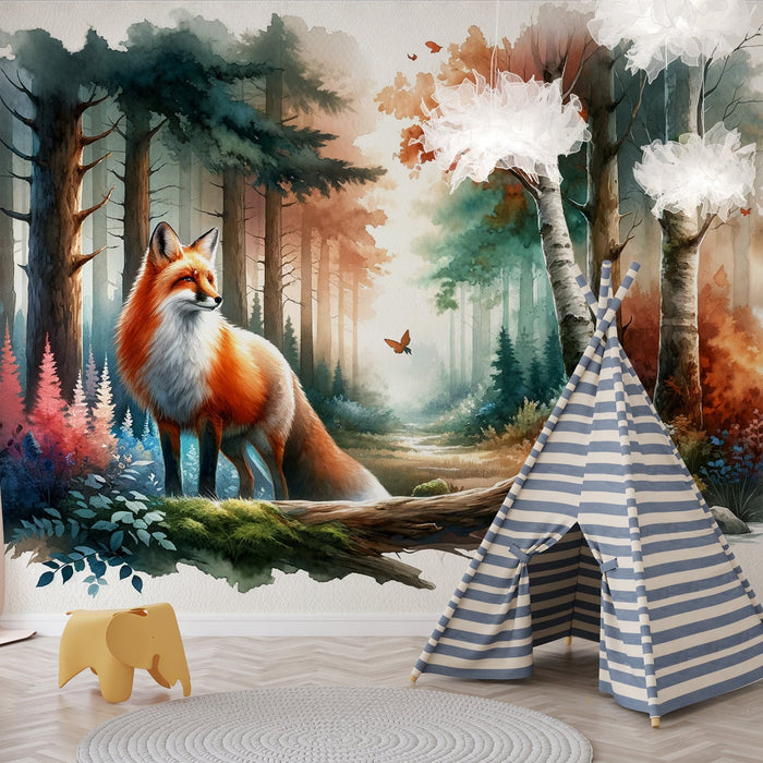 Watercolor Fox Mural Wallpaper | Majestic Forest and Butterfly