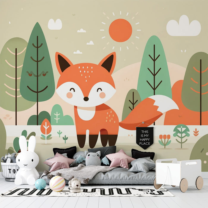 Baby Fox Mural Wallpaper | Forest, Sun, and Cloud