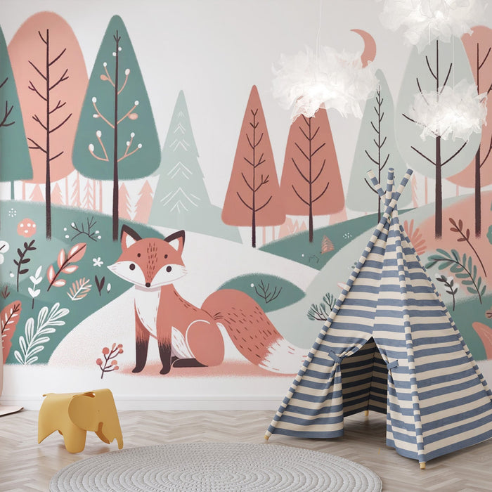 Baby Fox Mural Wallpaper | Cute Cartoon Fox in Forest