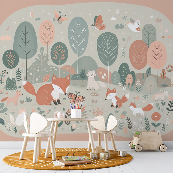 Child Fox Mural Wallpaper | Enchanted Pastel-Toned Forest