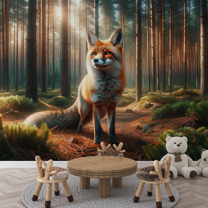 Realistic Fox Mural Wallpaper | Standing in a Dark Forest