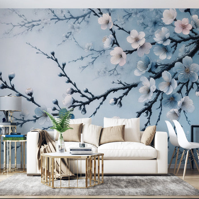Papel pintado de Sakura | Árbol japonés con flores azules y blancas