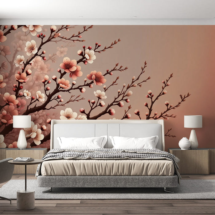 Sakura Mural Wallpaper | Japanese Tree with Red Flowers and Background