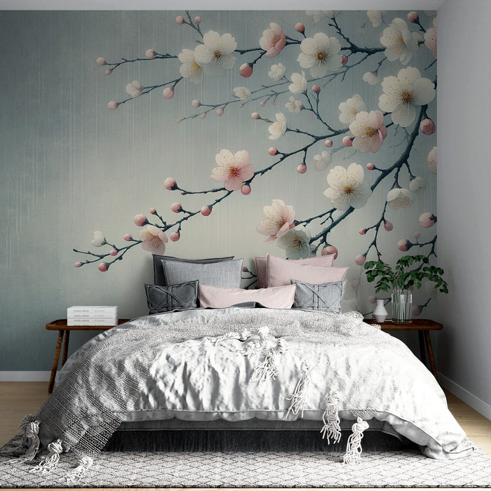 Papel de parede Sakura | Árvore japonesa com flores rosa e branca em um fundo azul envelhecido