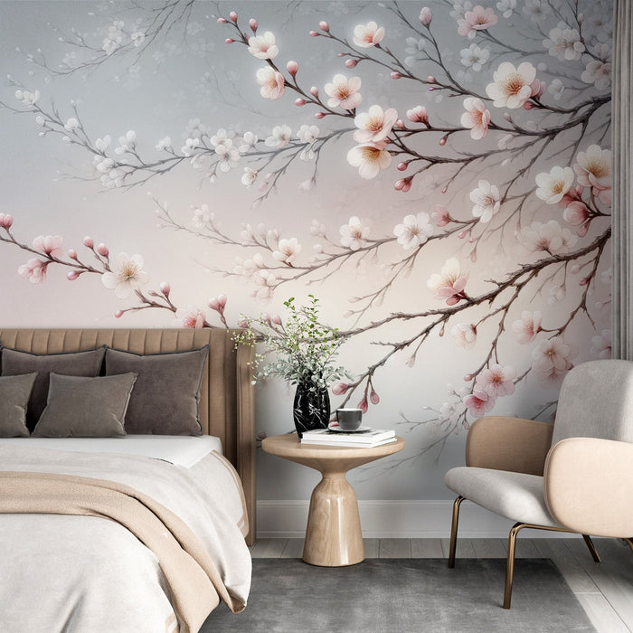 Papel de parede Sakura | Árvore Japonesa com Flores Rosas e Fundo Degradê