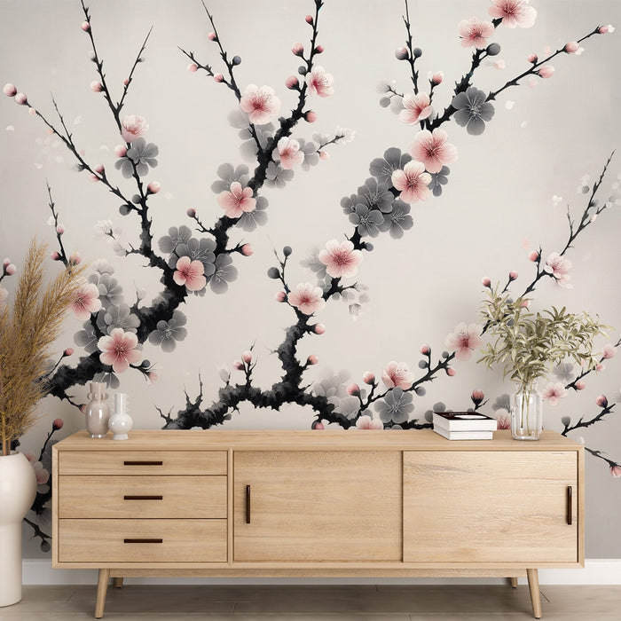 Papel pintado de Sakura | Árbol japonés con flores rosas y grises
