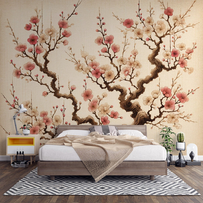 Sakura Mural Wallpaper | Japanese Tree Red and White Flowers Aged Background
