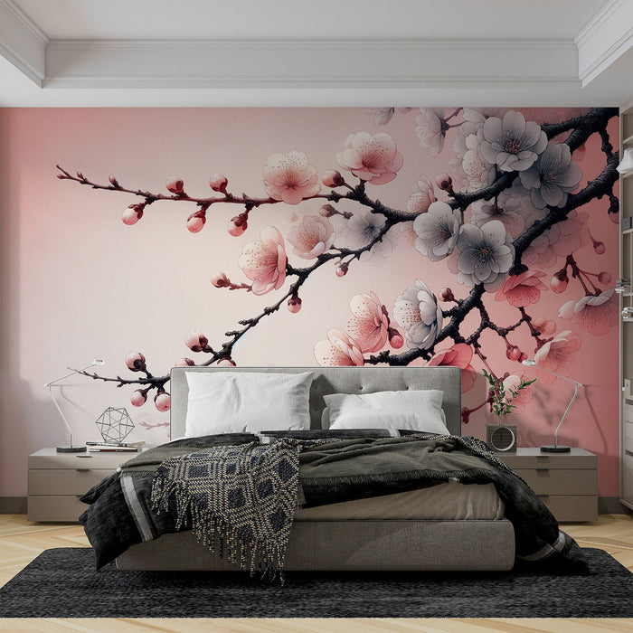 Sakura Mural Wallpaper | Japanese Tree with Red and Blue Flowers