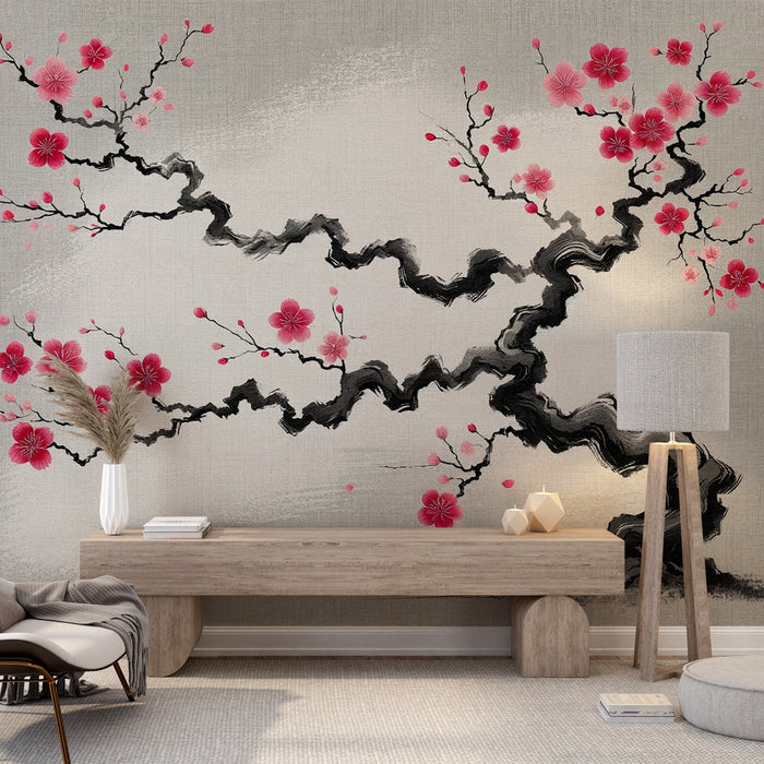 Papel pintado Sakura | Árbol japonés con flores rojas y fondo gris