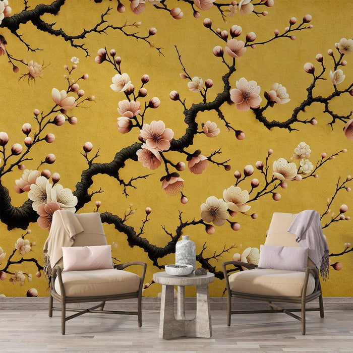Papel de parede Sakura | Árvore japonesa com fundo amarelo e flores cor-de-rosa