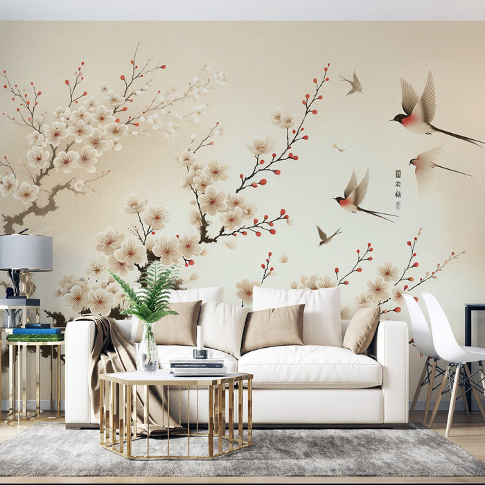 Japanese Sakura Mural Wallpaper | White Flowers and Flying Robin
