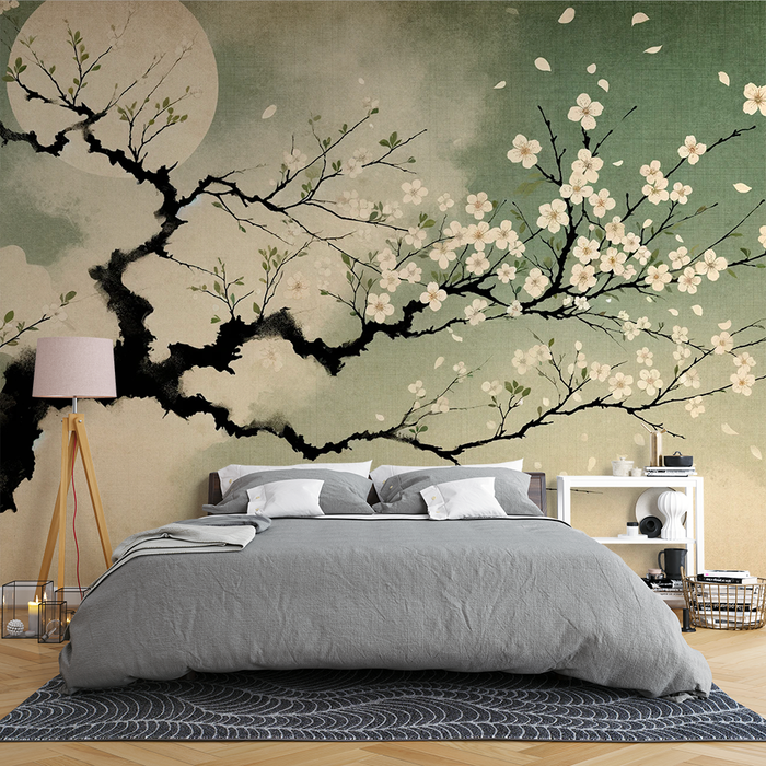 Japanese Sakura Mural Wallpaper | Aged Background and Sakura Tree in Oil Painting