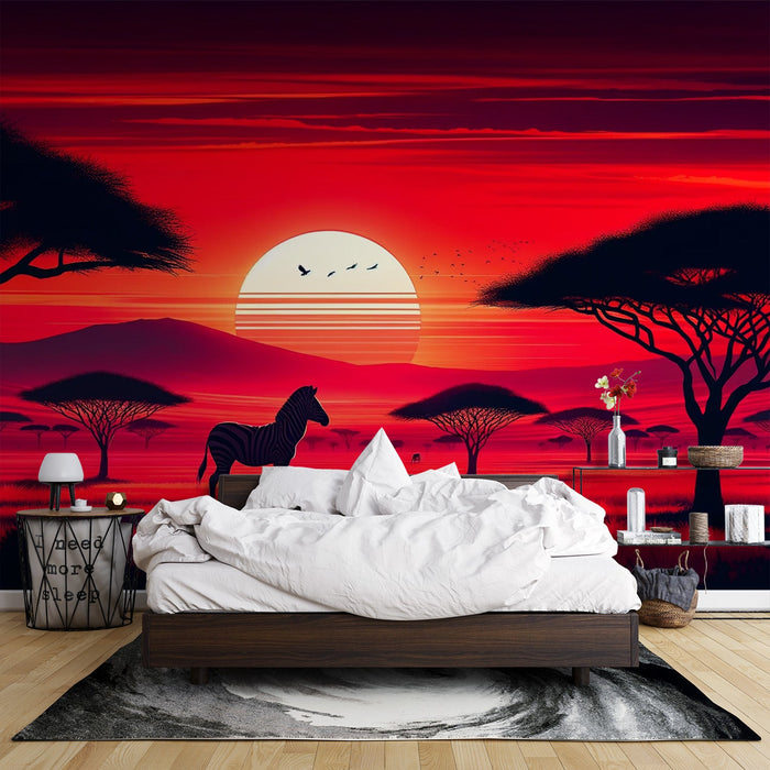 Papel de parede mural da savana africana | Pôr do sol vermelho com zebra