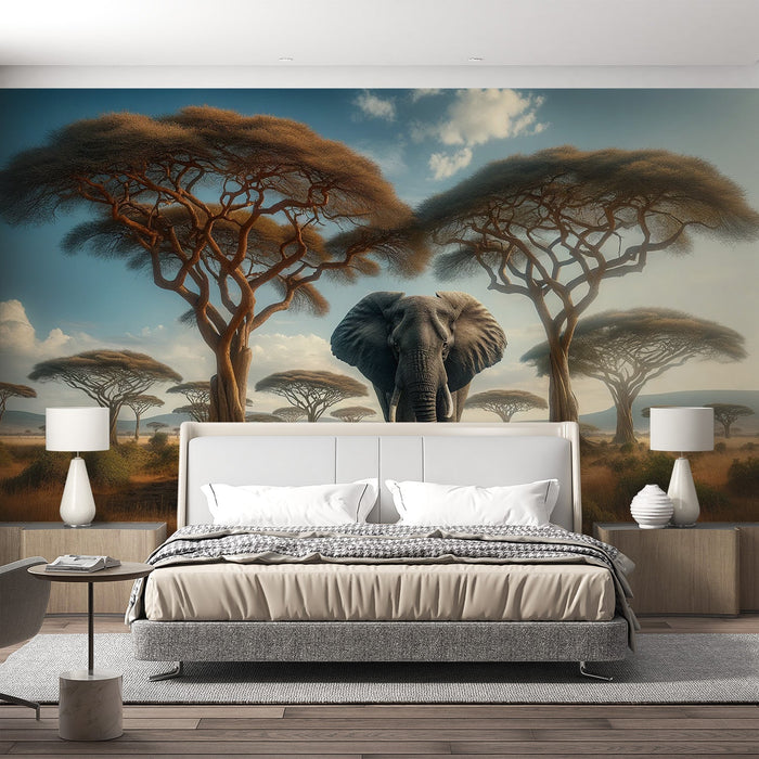 Papel de parede do mural da savana africana | Elefante no meio da savana