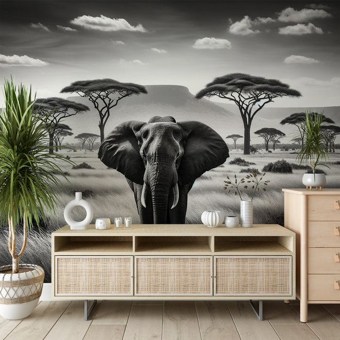 Papel de parede do mural da savana africana | Elefante preto e branco na savana
