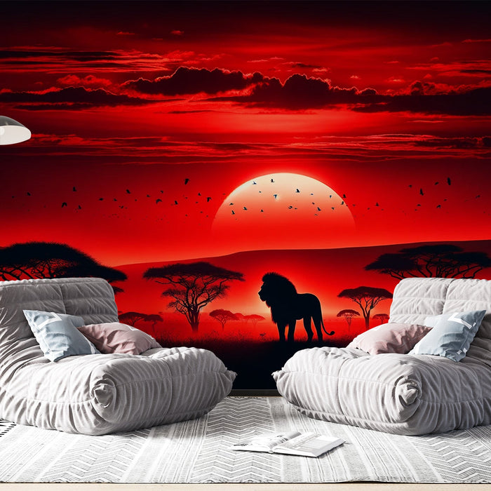 Papel de parede do mural da savana africana | Leão com pôr do sol vermelho