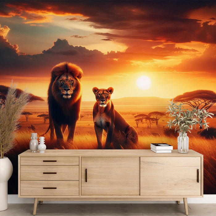 Papel de parede Mural da Savana Africana | Leão e Leoa com Pôr do Sol
