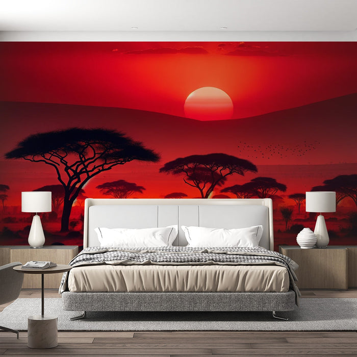 African Savannah Mural Wallpaper | Red Sun and Elephant in the Savannah