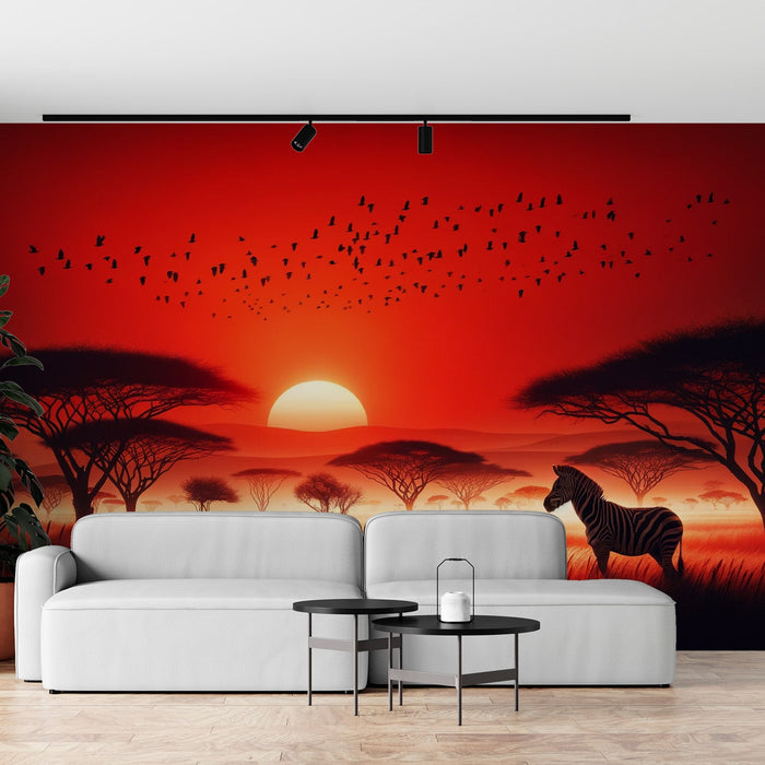 Afrikanische-Savanne-Mural-Tapete | Zebra mit Sonnenuntergang