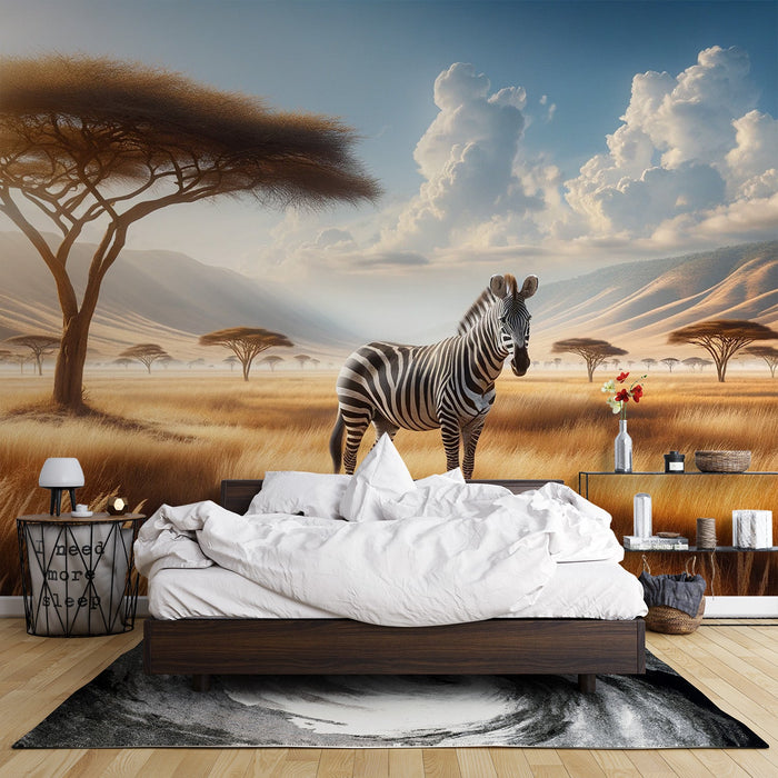 Papel de parede do mural da savana africana | Zebra no savana iluminada pelo sol