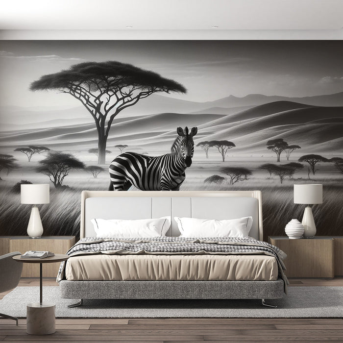 Papel de parede mural da savana africana | Zebra preta e branca