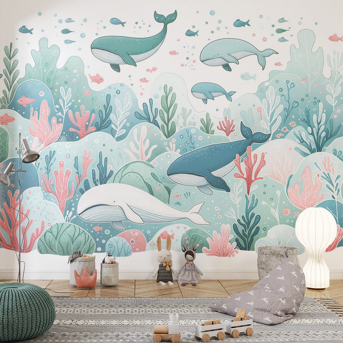 Underwater Mural Wallpaper | Colorful Whales and Corals