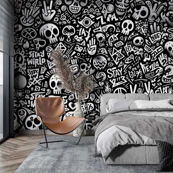 Street art Mural Wallpaper | Black and white skull decor