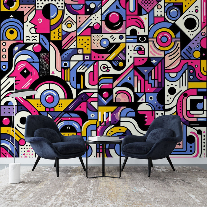 Street art Mural Wallpaper | Geometric and colorful with face