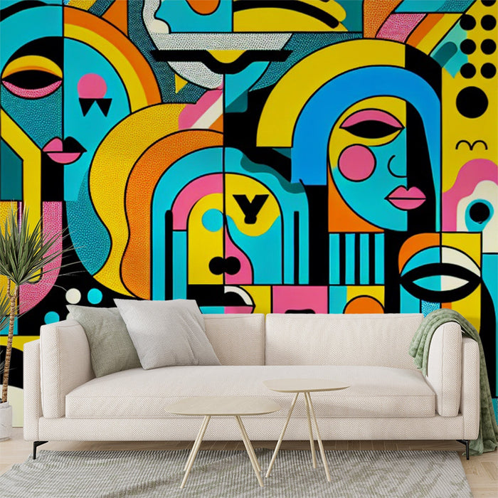 Street Art Mural Wallpaper | Geometric Shapes with Colorful Faces
