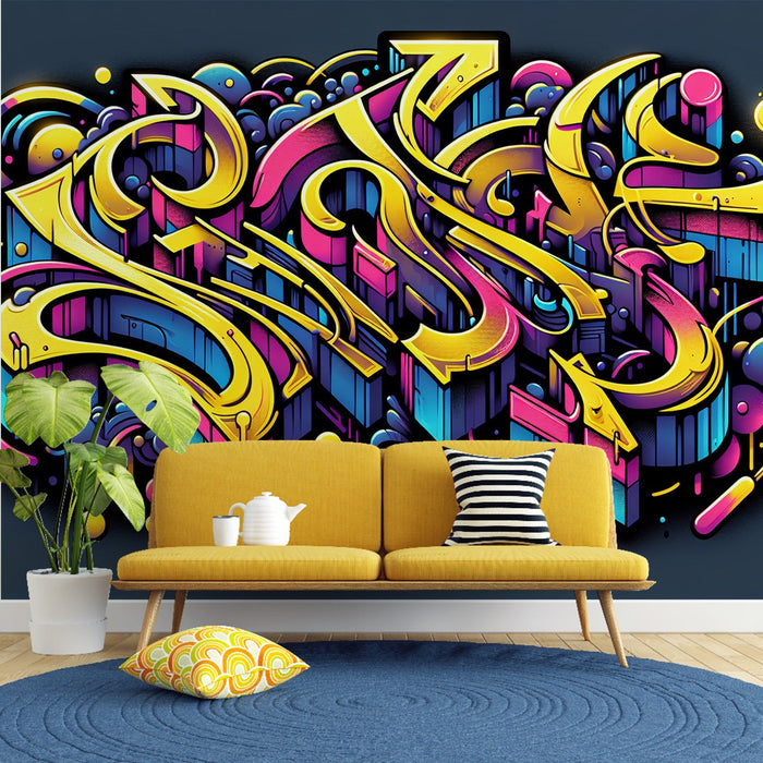 Street art Mural Wallpaper | Abstract graffiti in yellow, blue, and pink